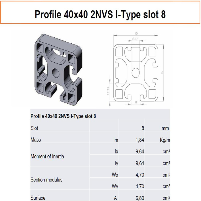Profilato alluminio 40x40 2NVS scanalatura 8 tipo I
