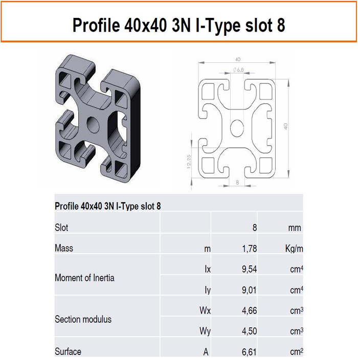 Profilato alluminio 40x40 3N scanalatura 8 tipo I