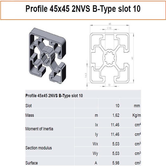 Profilato alluminio 45x45 2NVS scanalatura 10 tipo B