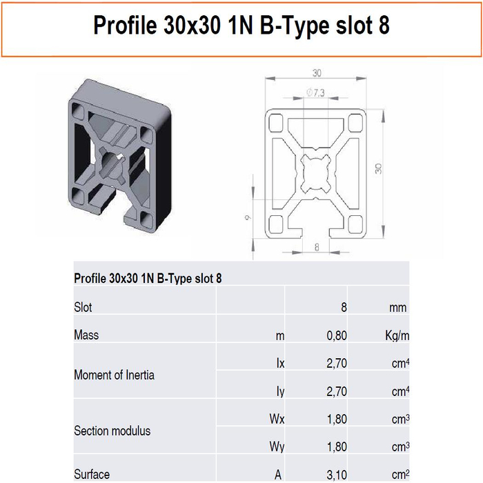Profilato alluminio 30x30 1N scanalatura 8 tipo B