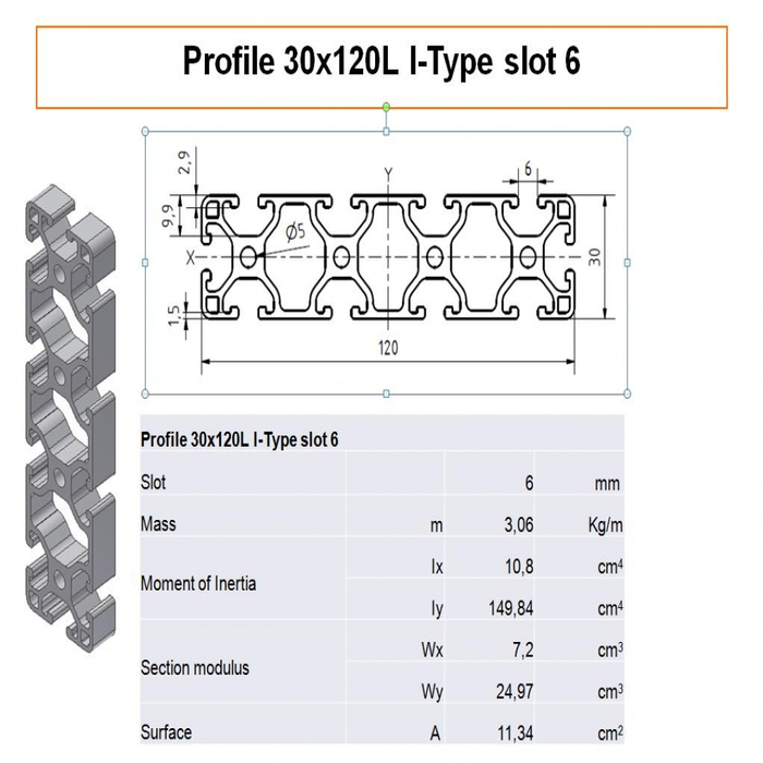 Profilato alluminio 30x120L scanalatura 6 tipo I