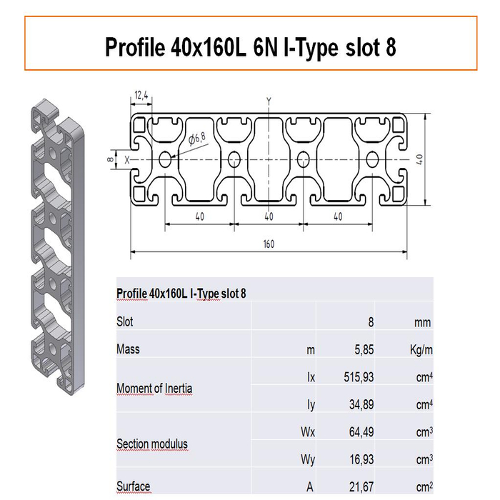 Profilato alluminio 40x160L 6N scanalatura 8 tipo I