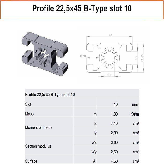 Profilato alluminio 22,5x45 scanalatura 10 tipo B