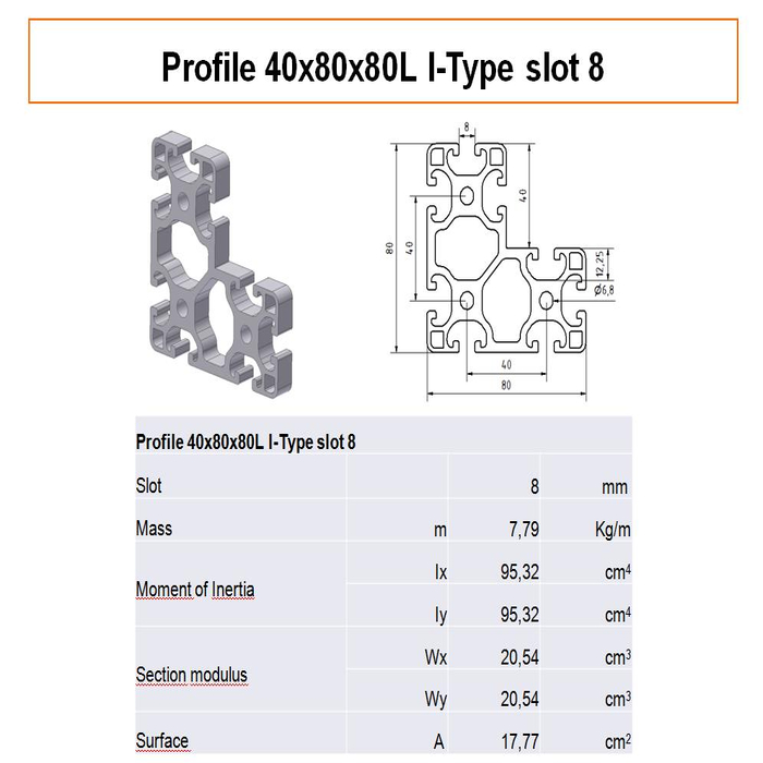 Profilato alluminio 40x80x80L scanalatura 8 tipo I