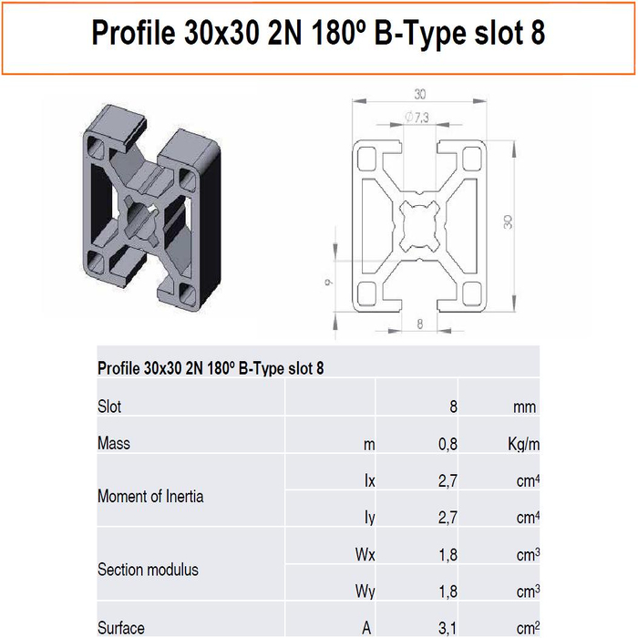 Profilato alluminio 30x30 2N180° scanalatura 8 tipo B