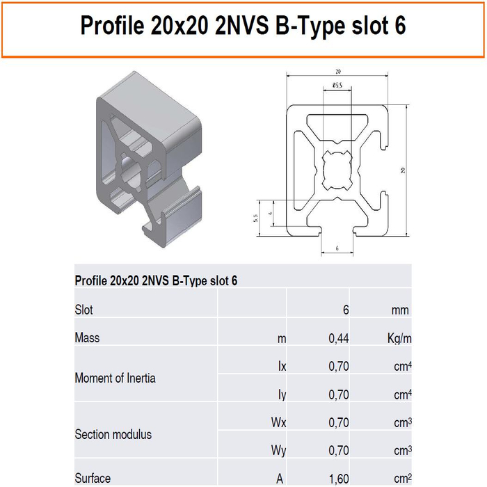 Profilato Alluminio 20x20 2NVS scanalatura 6 tipo B