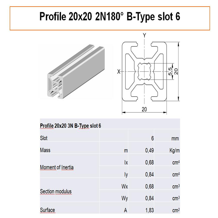 Profilato alluminio 20x20 2N180° scanalatura 6 tipo B