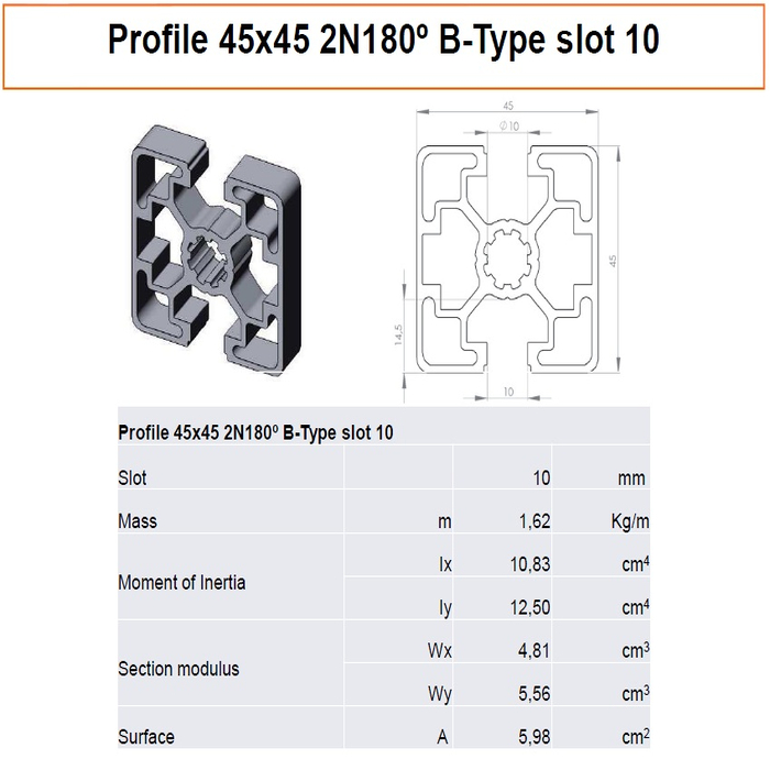 Profilato alluminio 45x45 2N180° scanalatura 10 tipo B