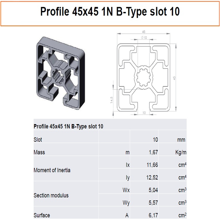 Profilato alluminio 45x45 1N scanalatura 10 tipo B