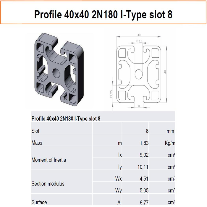 Profilato alluminio 40x40 2N180° scanalatura 8 tipo I