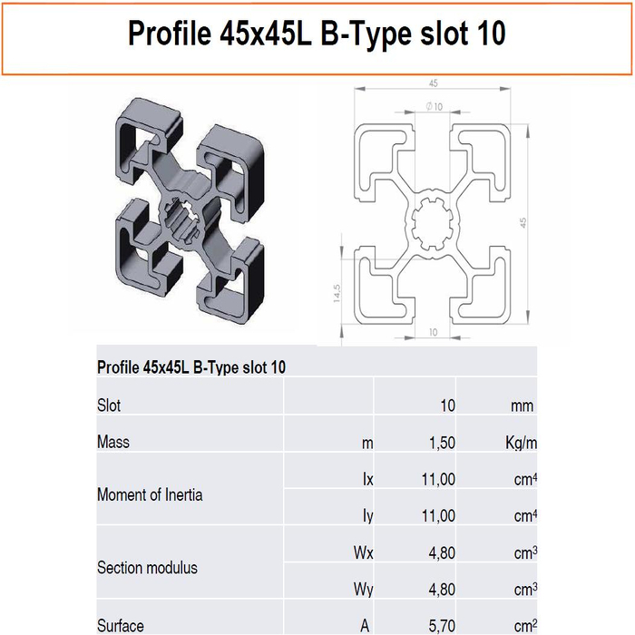Profilato alluminio 45x45L scanalatura 10 tipo B