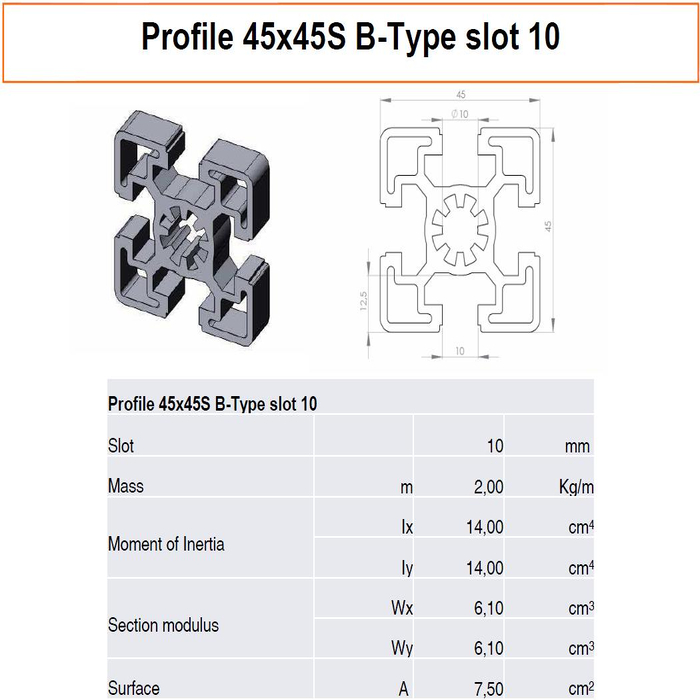 Profilato alluminio 45x45S scanalatura 10 tipo B