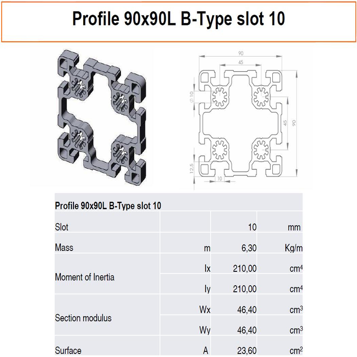 Profilato alluminio 90x90L scanalatura 10 tipo B