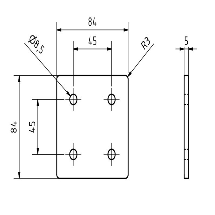 Piastra di connessione quadrata 84x84x5, Lasercut