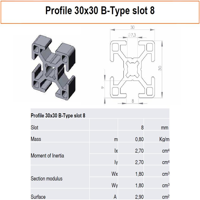 Profilato alluminio 30x30 scanalatura 8 tipo B