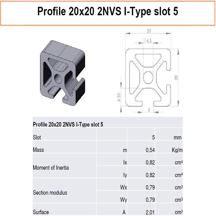Profilato alluminio 20x20 2NVS scanalatura 5 tipo I
