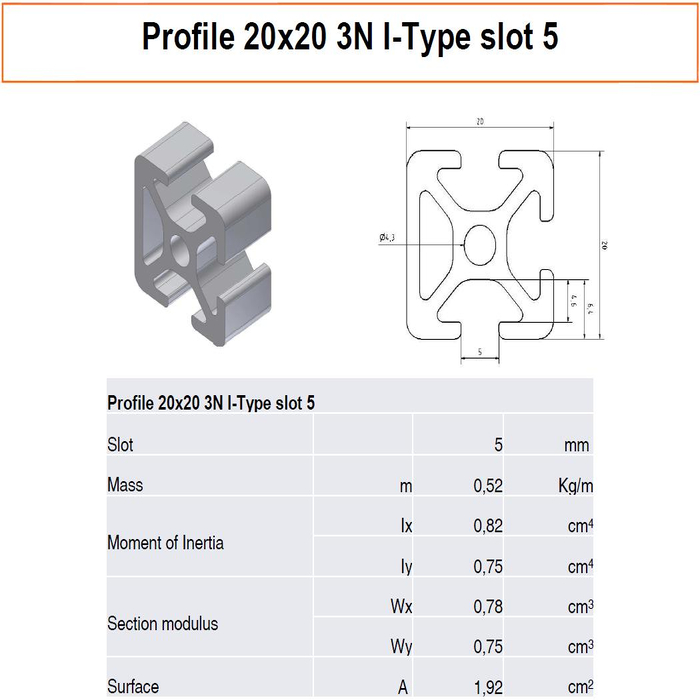 Profilato alluminio 20x20 3N scanalatura 5 tipo I