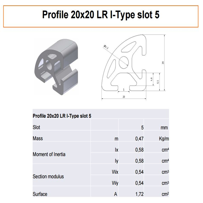 Profilato alluminio 20x20 LR scanalatura 5 tipo I