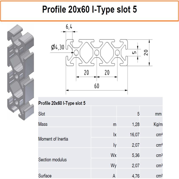 Profilato alluminio 20x60 scanalatura 5 tipo I