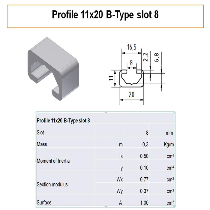Profilato alluminio 11x20 scanalatura 8 tipo B