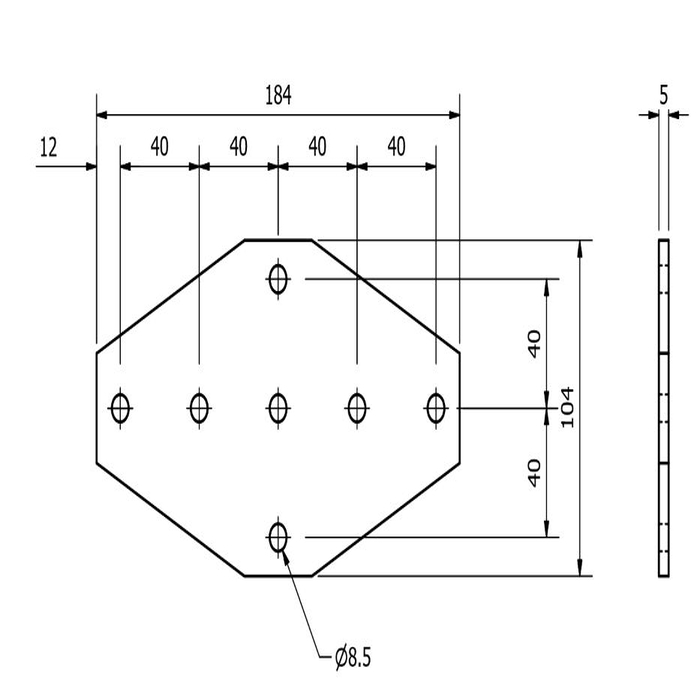 Piastra collegamento X 184x104x5 allum. 7 fori, 40-45, tag. laser