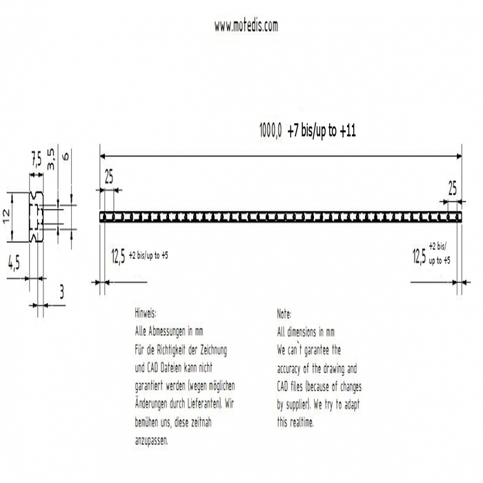 Guida lineare in acciaio inox Miniatura MR12M-N, L = ~1000 mm