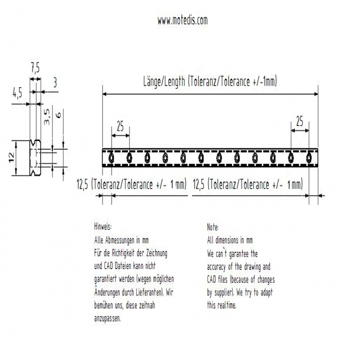 Guida lineare in acciaio inossidabile Miniatura MR12M-N, L = 500mm