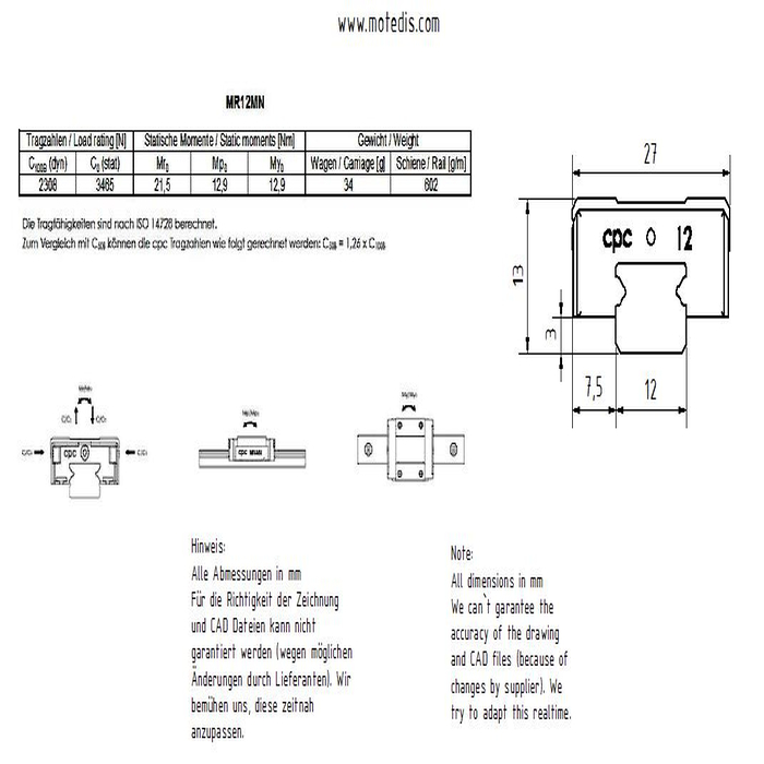 Guida lineare in acciaio inossidabile Miniatura MR12M-N, L = 500mm