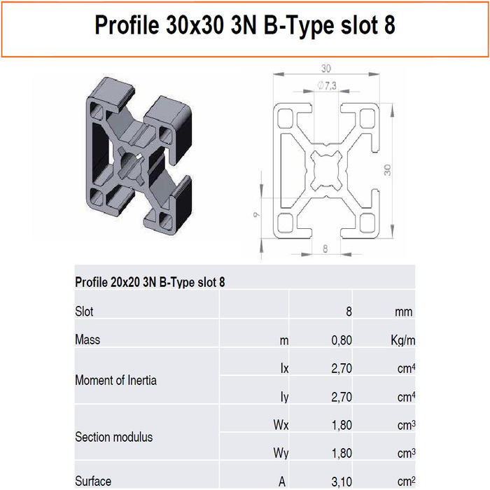 Profilato alluminio 30x30 3N scanalatura 8 tipo B