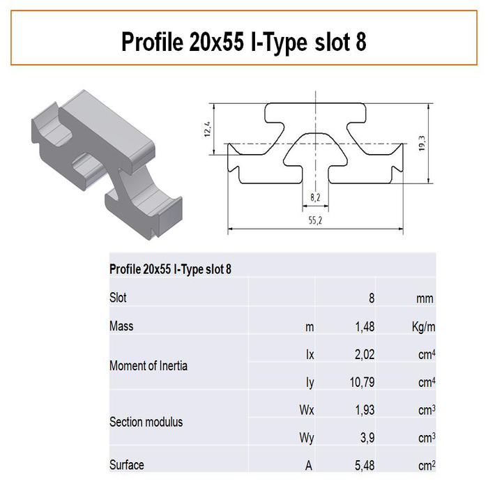 Profilato 20x55 scanalatura 8 tipo I, Profilo collegamento pannello