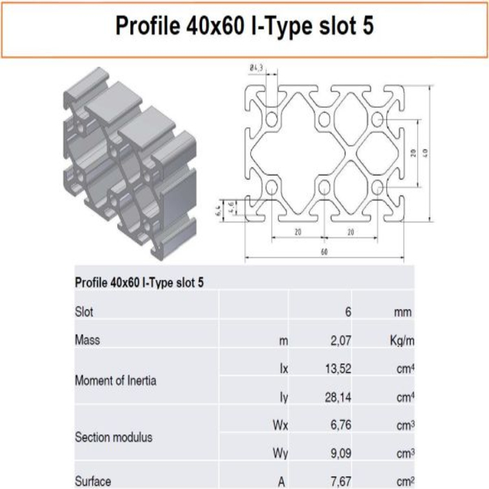 Profilato alluminio 60x40 scanalatura 5 tipo I
