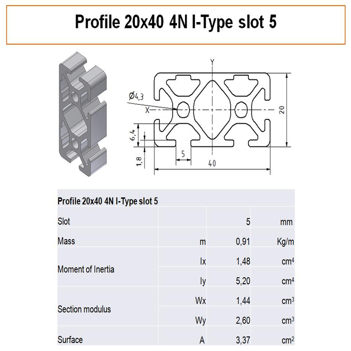 Profilato alluminio 20x40 4N scanalatura 5 tipo I
