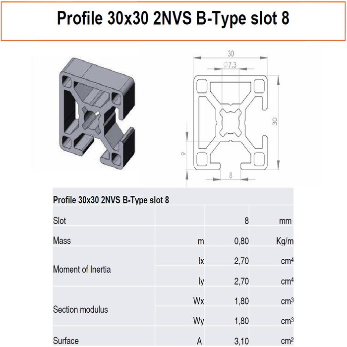 Profilato alluminio 30x30 2NVS scanalatura 8 tipo B