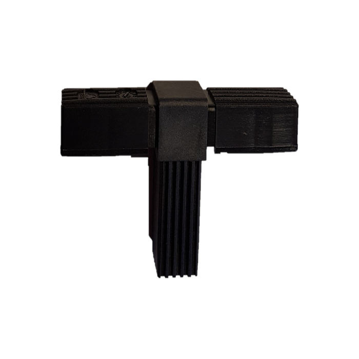 Connettore ad innesto 2D3 in PA per tubo quadro 25x25x1,5. Lunghezza delle braccia: 49 mm. Connettore in un unico pezzo