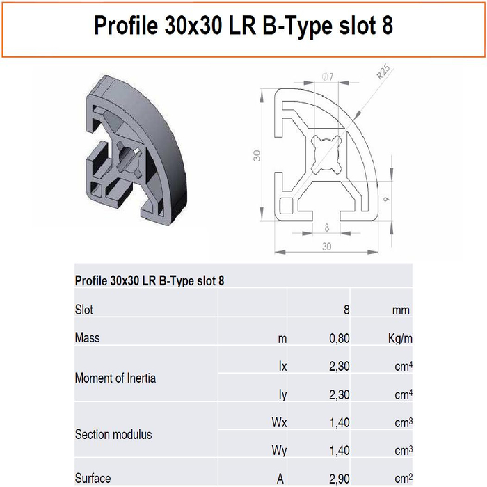 Profilato alluminio 30x30 LR scanalatura 8 tipo B