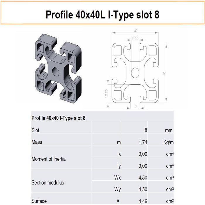 Profilato alluminio 40x40L scanalatura 8 tipo I